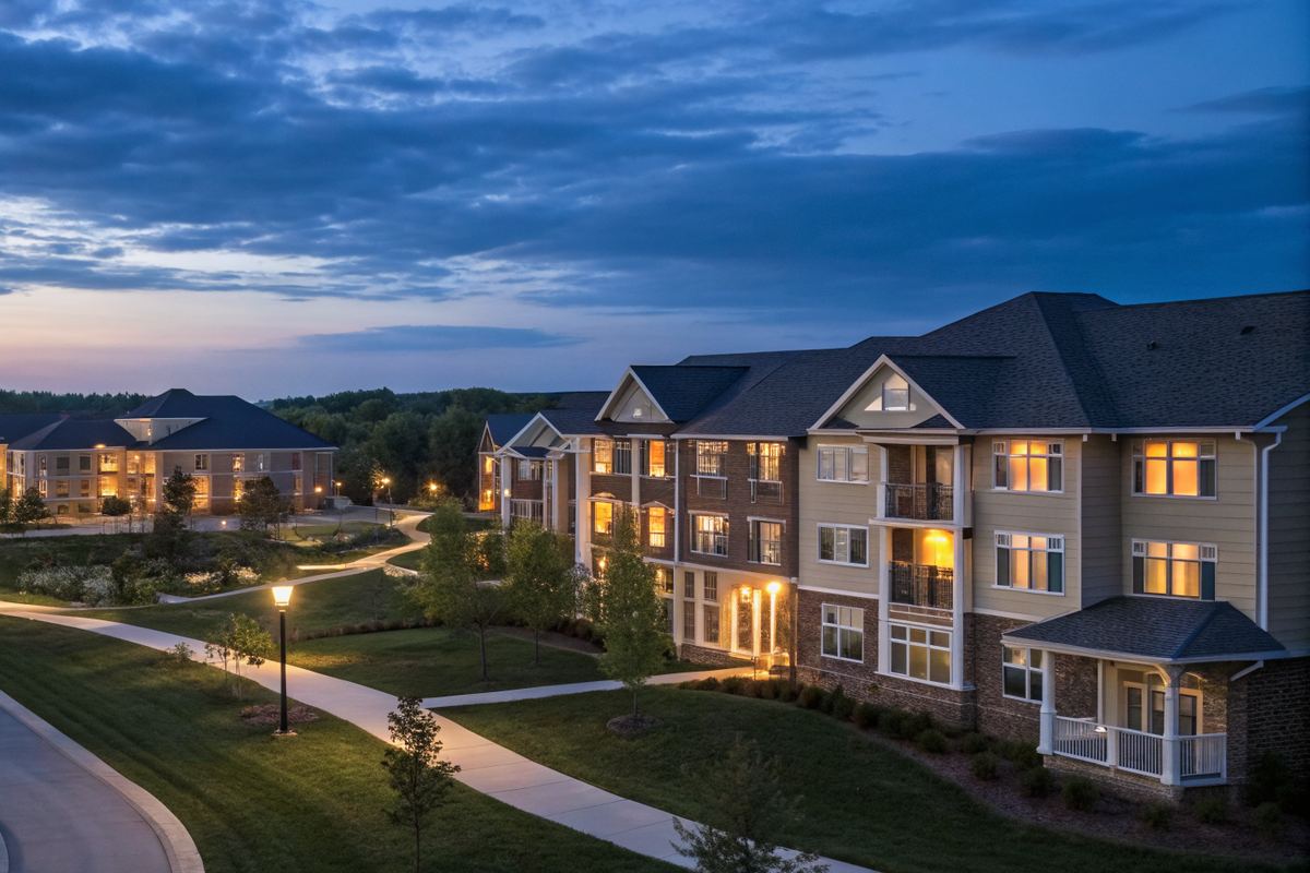Apartment community campus at dusk with lit pathways